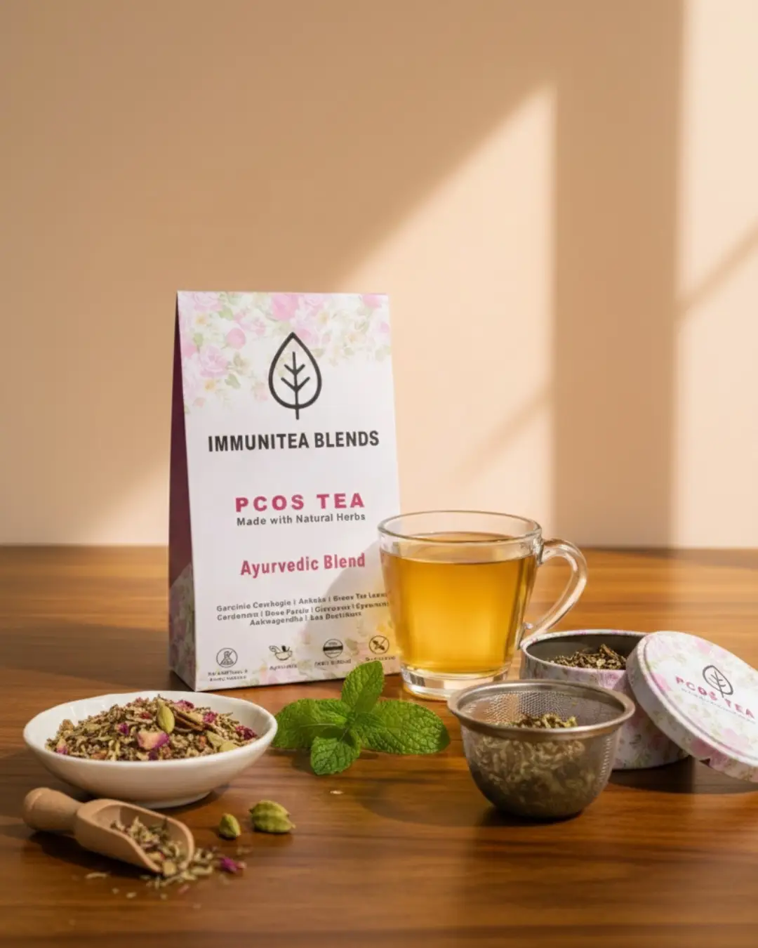Immunitea Blends PCOS Herbal Tea with brewed cup